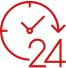 Red outline of a clock with an arrow curving around it and the number 24 below, symbolizing 24-hour or around-the-clock service—contact Japan Canada Motors for assistance anytime.